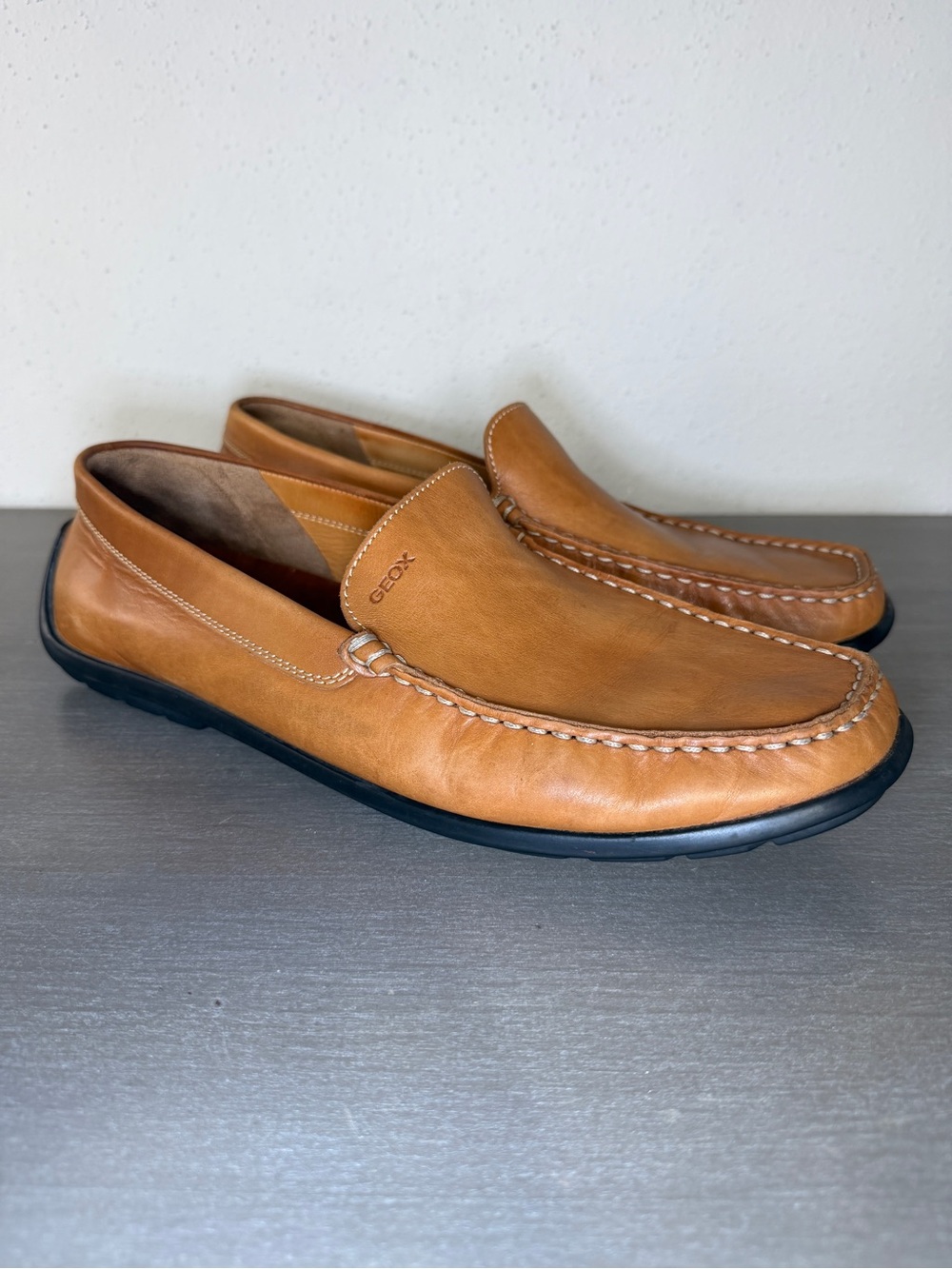 Men's Leather Driving Shoes  Geox Respira Slip On Moc Tan US 12 - EU 46